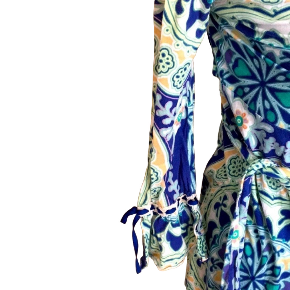 ANTHRO LILKA ANTHROPOLOGIE BOHO LONG SLEEVE DRESS BLUE GREEN RUFFLE COVERUP ROBE - Picture 4 of 9